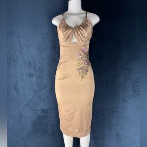 Elegant Tan Dress with Floral Embroidery by Mandalay